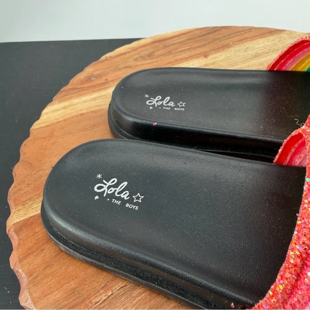 Lola + The Boys Black Glitter Rainbow Slides sandals 35‎ sz US 4Y